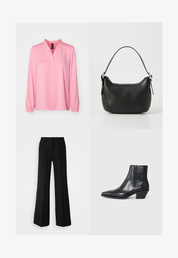Ροζ μπλούζα με μακρυά μανίκια και V λαιμόκοψη, με ελαστικές μανσέτες και ευθεία ραφή στο κάτω μέρος. Φτιαγμένη από μαλακό ύφασμα με λείο υφή. Χωρίς ορατά σχέδια.; Μαύρο παντελόνι από απαλό ύφασμα, με ψηλή μέση, φαρδιά γραμμή και δύο πιέτες μπροστά για επιπλέον σχεδιαστική λεπτομέρεια.; Μαύρη δερμάτινη μέση μπότα με μυτερή μύτη, ελαστικές πλαϊνές πάνες με κατακόρυφες αυλακώσεις και χαμηλό τετράγωνο τακούνι. Λείο υφή και κομψός σχεδιασμός.; Μαύρη δερμάτινη τσάντα χειρός σε κυρτή μορφή, με ασημένιο φερμουάρ και κοντό χερούλι. Διαθέτει διακριτό λογότυπο εμπρός και λεία υφή.
