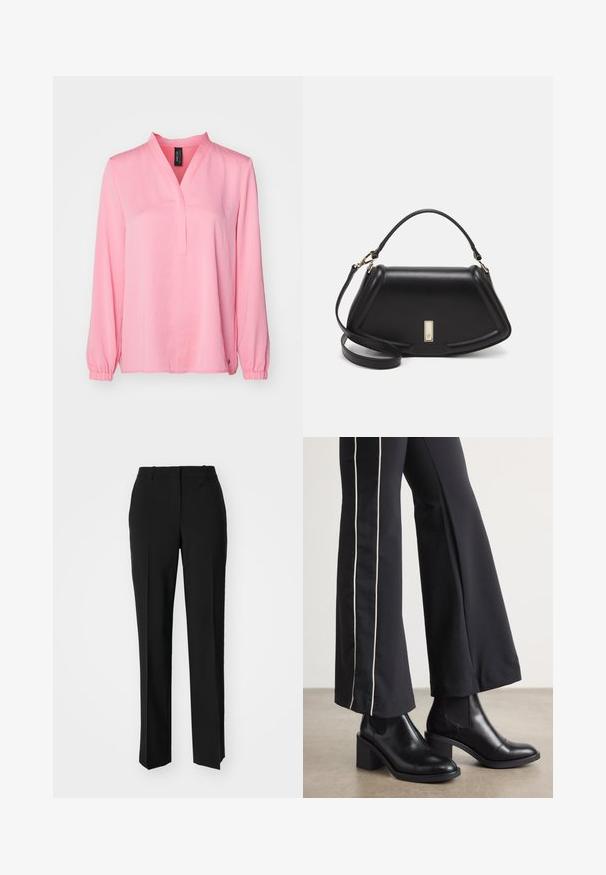 Rosa långärmad blus med V-ringning, elastiska ärmslut och rak fåll. Tillverkad av mjukt tyg med en slät textur. Ingen synlig mönstring.; Svarta skräddarsydda byxor med rak benform, med en slät yta och skarpa veck fram. Ingen synlig hårdvara.; Svarta läderankelboots med klack, med elastiska sidopaneler. I kombination med svarta byxor som har en vit sidostrip.; Svart läderhandväska med en strukturerad design, som har en avskuren form, ett handtag upptill och guldiga detaljer. Justerbar axelrem ingår.