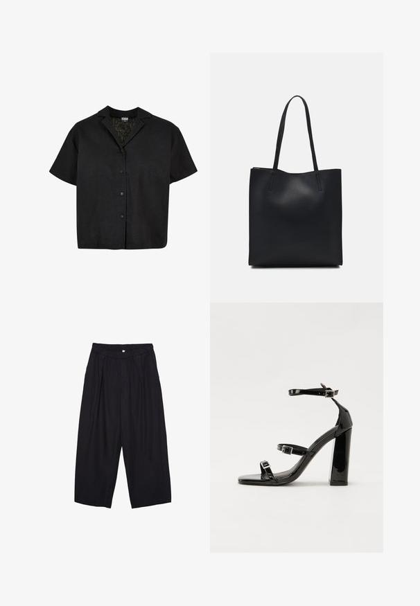 Urban Classics RESORT - Bluzka; Czarne spodnie culotte z poliestru z elastycznym pasem, dwoma fałdami z przodu i luźnym krojem. Brak widocznych wzorów lub elementów metalowych.; Czarne lakierowane sandały na obcasie z kwadratowym noskiem, z paskami wokół kostki i srebrnymi klamrami. Posiadają masywny słupek dla stabilności.; Czarna skórzana torba tote o gładkiej fakturze, prostokątnym kształcie i dwóch długich uchwytach. Brak widocznych elementów metalowych i ozdób.