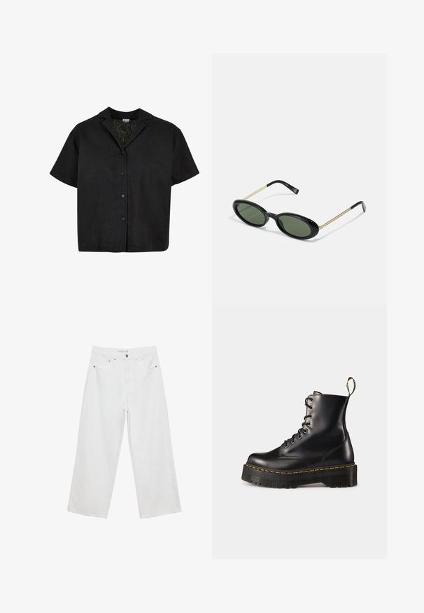 Urban Classics RESORT - Button-down blouse - black; White wide-leg jeans made of denim with a high waist, featuring five pockets and metal hardware accents. Smooth texture, no visible patterns.; Black leather lace-up ankle boots with a chunky black sole and yellow stitching. Features a pull tab at the back and circular metal eyelets.; Oval-frame sunglasses with green lenses, black plastic front, and thin gold metal temples. Features a minimalist design with smooth texture.; Black woven tote bag with two sturdy handles, featuring a glossy texture and a spacious open top design.