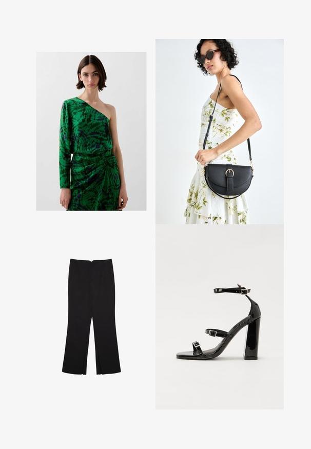 Robe verte asymétrique avec une manche longue, présentant un motif tourbillonnant en vert foncé et violet, fabriquée en tissu lisse avec un design drapé.; Pantalon noir avec une coupe droite, doté de poches avant et d'éclairs sur l'ourlet. Fabriqué en tissu doux et lisse. Convient à diverses occasions.; Sandales à talons vernies noires avec un bout carré, des sangles autour de la cheville et des boucles en argent. Dotées d'un talon bloc épais pour plus de stabilité.; Sac à main en cuir noir avec une forme courbée, bandoulière amovible et des accessoires en or. Le sac est doté d'un rabat avec un détail de boucle.