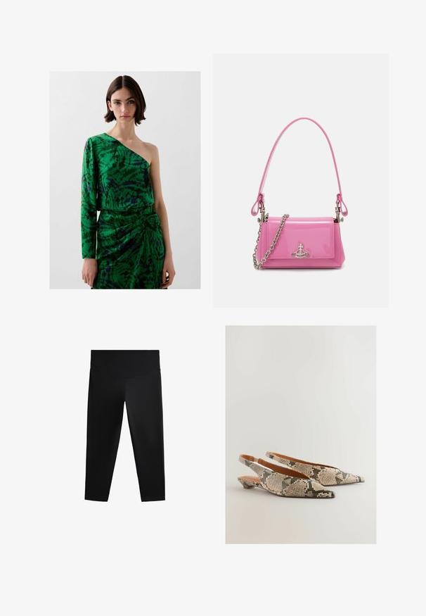Zielona sukienka na jedno ramię z długim rękawem, zdobiona wirującym wzorem w ciemnej zieleni i purpurze, wykonana z gładkiego materiału o drapowanej konstrukcji.; Czarne legginsy sportowe z wysokim stanem, gładkim materiałem i dopasowanym krojem, zaprojektowane z myślą o swobodzie ruchów i komforcie.; Next - Baleriny; Różowa torebka z lakierowanej skóry o prostokątnym kształcie, z odpinanym łańcuchem i srebrnymi detalami z przodu.