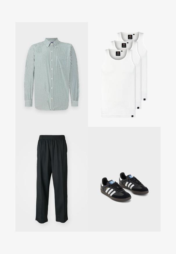 Prugasta srajca z gumbki v svetlo zeleni in beli barvi, z ovratnikom, dolgimi rokavi in enim žepom na prsih. Navpičen vzorec prug.; Tri bele rebraste majice brez rokavov iz bombaža. Imajo okroglo izreza in majhne črne etikete blizu roba. Na voljo v več velikostih.; Crne športne hlače z elastiko v pasu, narejene iz gladkega materiala, z diskretnim stranskim šivanjem in ohlapnim krojem ter ravnimi nogavicami.; Črne športne copate z zgornjim delom iz semiša in sintetičnih materialov, ki imajo tri bele črte, teksturiran gumijast podplat in modro označevalno oznako na jeziku.