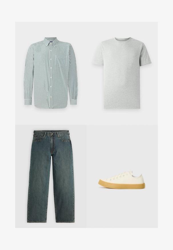 Camicia a righe in tessuto verde chiaro e bianco, con colletto, maniche lunghe e una tasca sul petto. Motivo a righe verticali.; Maglietta a maniche corte grigia chiara, girocollo, mostrata su uno sfondo bianco, vista frontale senza loghi o design visibili.; Jeans in denim blu scuro a gamba dritta con chiusura a bottone e cerniera, tasche anteriori e passanti per cintura su uno sfondo grigio chiaro.; Sneakers in tela di colore avorio con punta rotonda, dotati di suole in gomma beige e cinque occhielli per i lacci, finitura texturizzata sulla parte superiore.