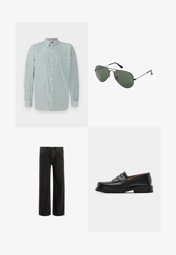 Csíkos, világoszöld és fehér anyagú ing, gallérral, hosszú ujjú, egy mellzsebbel. Függőleges csíkozás mintázattal.; Fekete farmerszövet, bő szárú nadrág magas derékkal, klasszikus ötpocket kivitelben, és finom kopással a texturált megjelenés érdekében.; Fekete bőr loaferek kiemelkedő varrással, két díszcsíkkal a felső részen és vastag, struktúrált talppal rendelkeznek a jobb tapadás érdekében.; Pilóta napszemüveg zöld lencsékkel, fekete fém kerettel és vékony drótos dizájnnal. Gömbölyű szárakkal és állítható orrpárnával rendelkezik.; Fekete bőr bevásárlótáska, dombornyomott betűkkel a felületen, két strapabíró fogantyúval és tágas, struktúrázott formával.; Ezüst rozsdamentes acél óra fekete számlappal, jelzett órák, dátumkijelző és 50 méteres vízállóság.; Fekete lávakő karkötő, kerek gyöngyökkel, amelynek texturált felülete van, kiegészítve egy kis fém téglalap alakú díszítéssel.