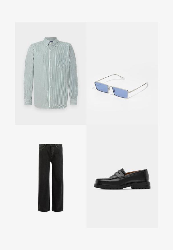 Chemise à boutons rayée en tissu vert clair et blanc, avec un col, des manches longues et une poche poitrine unique. Motif de rayures verticales.; Jean en denim noir à jambes larges avec taille haute, présentant un design classique à cinq poches et un léger délavage pour un aspect texturé.; Des mocassins en cuir noir présentent une couture surélevée, deux sangles décoratives sur le dessus et une semelle épaisse et texturée pour une meilleure adhérence.; Lunettes de soleil en métal avec une forme rectangulaire, verres teintés en bleu et monture en argent. Comprend des coussinets de nez et des branches fines et droites.
