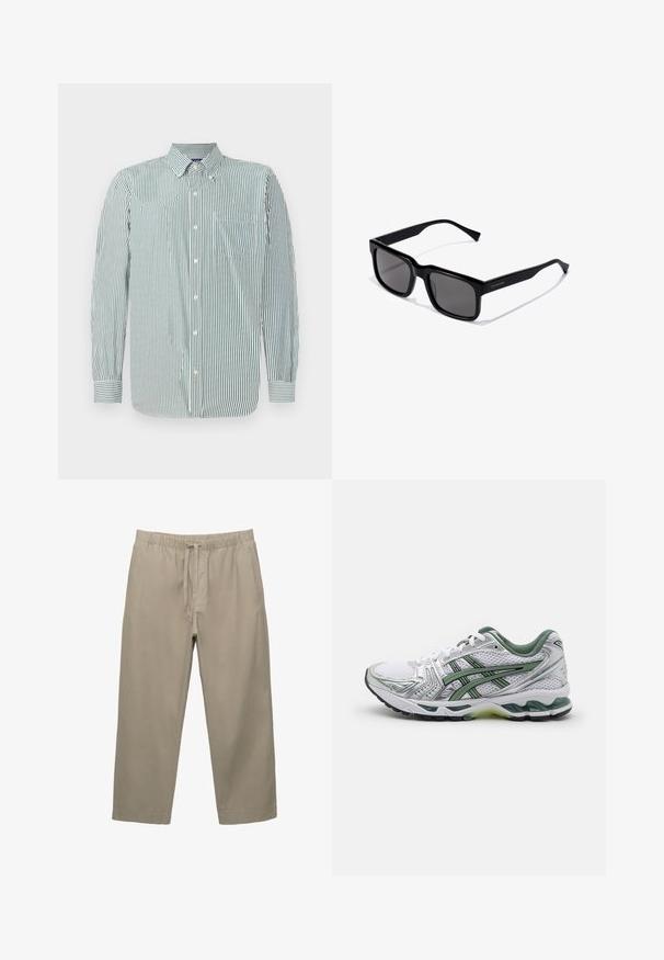 Randig skjorta med knäppning i ljusgrön och vit tyg, med krage, långa ärmar och en enda bröstficka. Vertikal randig mönster.; Beiga bomullbyxor med elastisk midja och justerbar dragsko. Rak bendesign med sidofickor och en slät textur.; Vit löparsko med silverdetaljer, grön nätkrage och gröna ränder. Har en texturerad meshöverdel och vadderad sula.; Svarta rektangulära solglasögon med mörka linser; glansig plastbåge med raka tempel och subtil logotypdetalj på sidan.; Silverfärgad rostfri klocka med en rund vit urtavla, svart tachymeter bezel, gröna accenter och ett metal länkarmband.