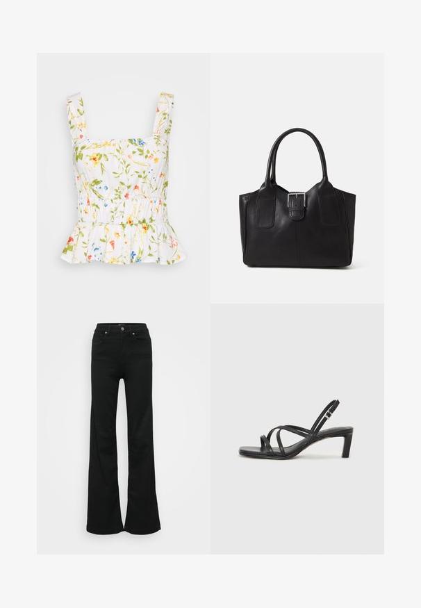Bílý květinový top s zelenými, modrými a růžovými vzory. Má široká ramínka, elastický pas a peplum volán na spodním okraji. Lehká tkanina.; Černé zvonové džíny vyrobené z denimu, s vysokým pasem, pěti kapsami a kovovým zapínáním. Hladká textura s minimálním zdobením.; Černé sandály na tenkém podpatku se čtveratou špičkou a nízkým blokovým podpatkem. Mají několik tenkých popruhů a nastavitelné zapínání okolo kotníku. Vyrobeny z hladké kůže.; Černá kožená tote taška s hladkým povrchem, strukturovaným tvarem, dvěma uchy a výrazným stříbrným detailem s přezkou na přední straně.