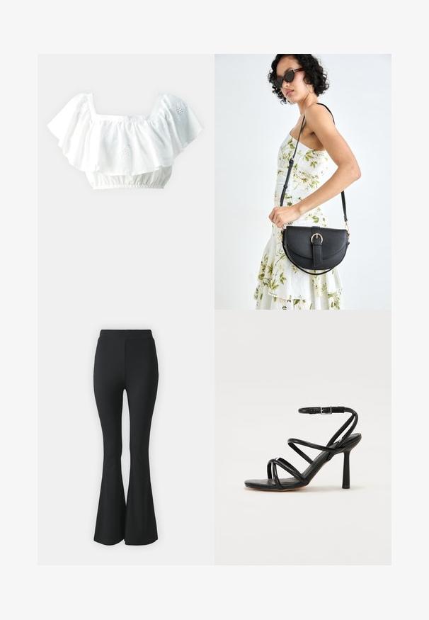 Balta īsā blūze ar volānu piedurknēm, kvadrātveida izgriezumu un elastīgu apakšmalu. Iekļauj smalkas izšūtas ziedu detaļas.; Melni platas bikses, kas izgatavotas no elastīga auduma. Tām ir augsts viduklis un gluda, pieguloša forma, kas paplašinās no ceļa uz leju.; Melnas papēžu kurpes ar plānām, krustveida siksniņām, potītes sprādzi, gludu ādas tekstūru un šauru stiletto papēdi.; Melnas ādas rokassoma ar izliekta formu, noņemamu siksnu un zelta aksesuāriem. Somai ir vāciņš ar sprādzes detaļu.