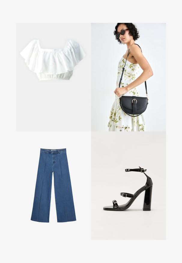 Valkoinen lyhyt blusa, jossa on rypytettyjä hihoja, neliönmuotoinen pääntie ja joustava helma. Ominaisuuksiin kuuluu hienovaraisia brodeerattuja kukka yksityiskohtia.; Korkeat vyötäröiset, keskisiniset, leveiden lahkeiden denim-farkut, joissa on nappikiinnitys ja kontrastiväriset pystysaumadetaileja edessä.; Musta kiiltävä korkokenkä sandaalit neliönmuotoisella varpaalla, nilkkaremmillä ja hopeisilla soljilla. Varustettu tukevalla lohkokorkealla vakauden takaamiseksi.; Musta nahkainen käsilaukku, joka on kaareva muotoilultaan, irrotettavalla hihnalla ja kultaisilla yksityiskohdilla. Laukussa on läppä, jossa on solk yksityiskohta.