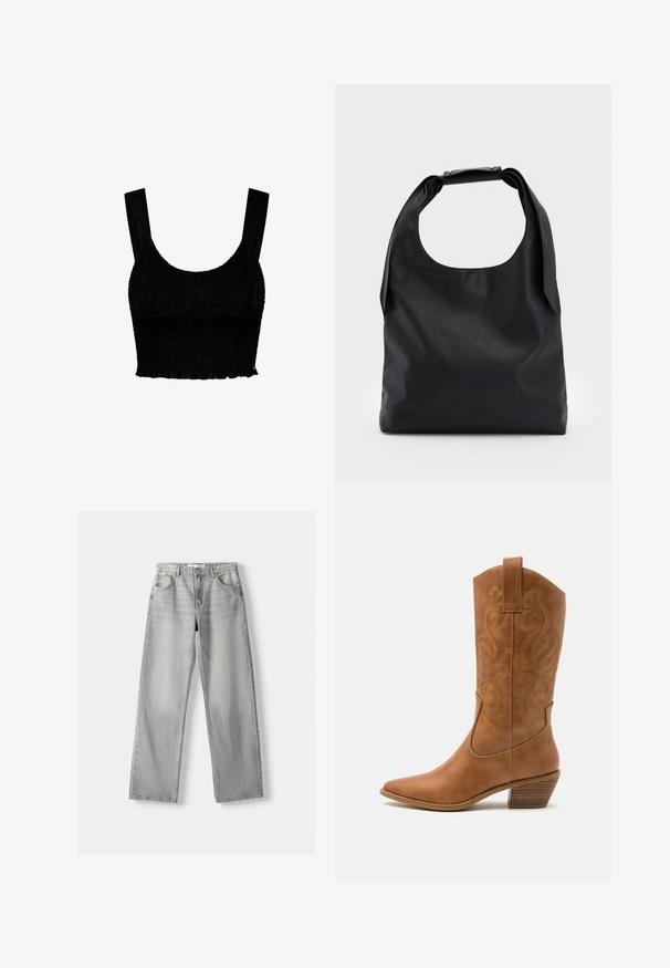 Zwarte cropped top gemaakt van textuurstof met een gerimpeld ontwerp. Heeft brede banden en een lichtgerimpelde zoom aan de onderkant.; Lichtgrijze denim jeans met een rechte pasvorm, voorzien van twee voorkruizen, een knoopsluiting en subtiele vervaging voor textuur.; Tan leren cowboylaars met puntige neus, geborduurde spiraalpatronen op de schacht en een gestapelde blokhak. Voorzien van een trekband voor gemakkelijke aan- en uittrekken.; Zwarte lederen handtas met een grote open bovenkant en een enkele schouderriem. Zachte textuur, minimalistisch ontwerp, met subtiele metalen accenten.; Zilveren oorbellen in de vorm van een gladde, gepolijste ring. Ronde vorm met een veilige kliksluiting. Lichtgewicht ontwerp, geschikt voor dagelijks gebruik.