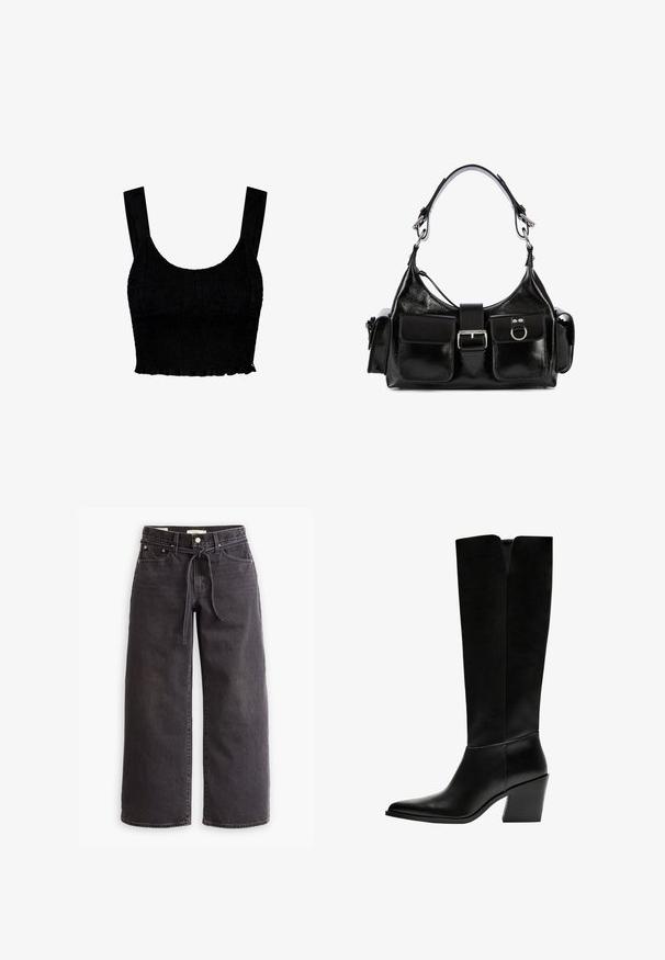 Top corto nero realizzato in tessuto testurizzato con un design arricciato. Presenta spalline larghe e un orlo leggermente volanato lungo il fondo.; Jeans neri a gamba larga in denim, con vita con coulisse, cinque tasche e dettagli di cuciture a contrasto. Design con davanti piatto.; Stivali neri al ginocchio in pelle liscia, con punta appuntita, tacco a blocco e un'apertura a forma di V nella parte superiore.; Borsa a mano in pelle nera con finitura lucida, dotata di una fibbia centrale, due tasche frontali e una tracolla corta.