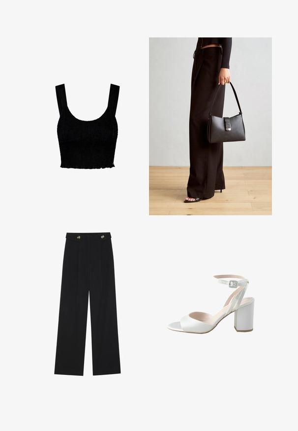 Juodas trumpas viršus, pagamintas iš tekstūruoto audinio, su raukšlėta dizaino išvaizda. Turi plačias petnešas ir šiek tiek banguotą apatinį kraštą.; Juodi plačios kojos kelnės su aukštu liemeniu, sagų detalėmis ant liemens ir priekinėmis raukšlėmis.; Baltos aukštakulnės sandaļos su blizgiais satino viršumi, plačiu blokiniu kulnu ir kulkšnies dirželiu su maža sagtimi. Sklandžios tekstūros, minimalus dizainas.; Juodas rankinė struktūrizuota forma, lygi tekstūra ir metalinis užsegimas. Suporuota su plačiomis juodomis kelnėmis ir atvirais bateliais ant medinių grindų.