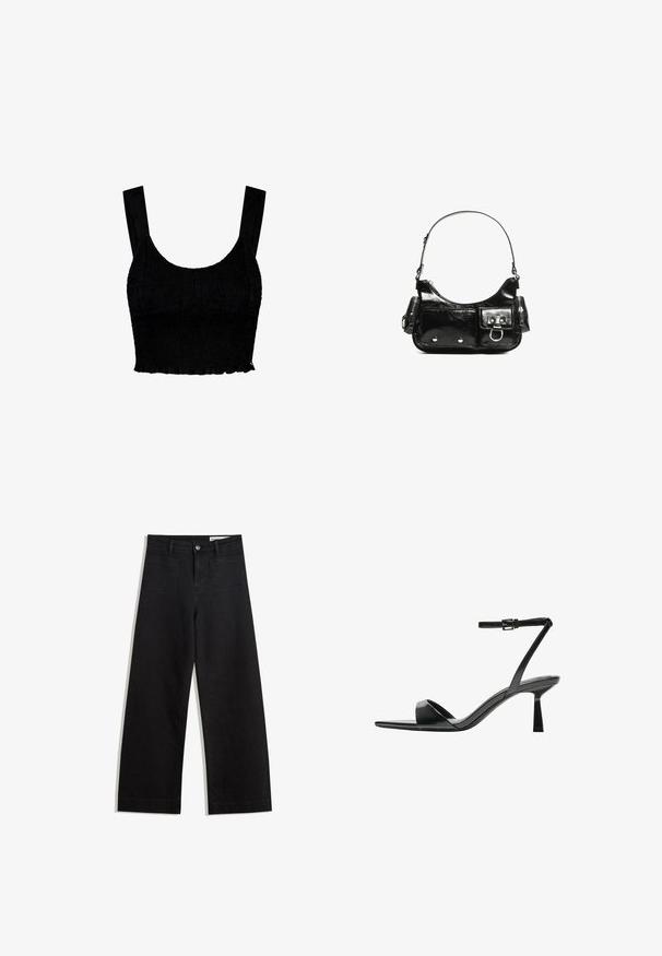 Fekete, cropped fazonú felső strukturált anyagból, fodros kialakítással. Széles pántokkal és enyhén fodros szegéllyel az alján.; Fekete, bő szabású farmernadrág magas derékkal, elülső és hátsó zsebekkel, varrott felületekkel és gombos záródással. Sima textúra.; Bershka Magas sarkú szandálok - black; Fekete lakkbőr kézitáska ívelt formával, egy vállpánttal, elülső zsebekkel és ezüstszínű fémrészletekkel.