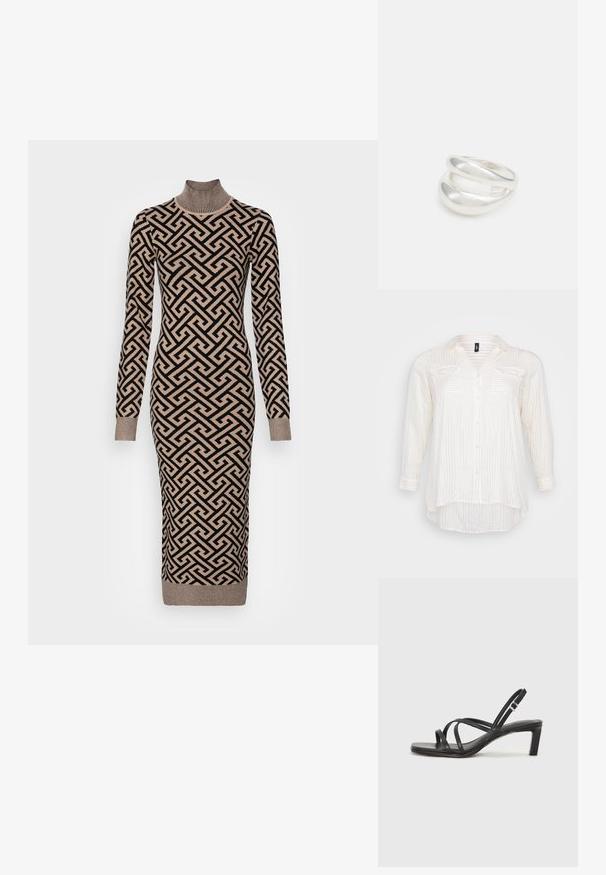 Valge nööpidega särk kuldsete triipudega, millel on V-kaelus, kaks rinna taskut ja pikad varrukad mansettide detailiga. Pehme kangatekstuuri.; Pika käistega kudumkleit kõrge kaelusega, mis on kaunistatud geomeetrilise musta ja beeži mustriga, ribakätistega ja kitseneva siluetiga.; Mustast rihmajalatsid ruudukujulise varba ja madala ploki kontsaga. Omab mitmeid õhukesi rihmasid ja reguleeritavat pahkluu rihma. Valmistatud siledast nahast.; Mustast nahast õlakott, mis omab siledat tekstuuri, ristküliku kuju ning esiküljel metallketi detaili. Reguleeritav rihm on kaasas.; Hõbedane kahekordne rõngas sujuva, poleeritud pinnaga. Omab voolavat, kõverat disaini, millel on kattuvad sektsioonid, et saavutada kaasaegne ilme.