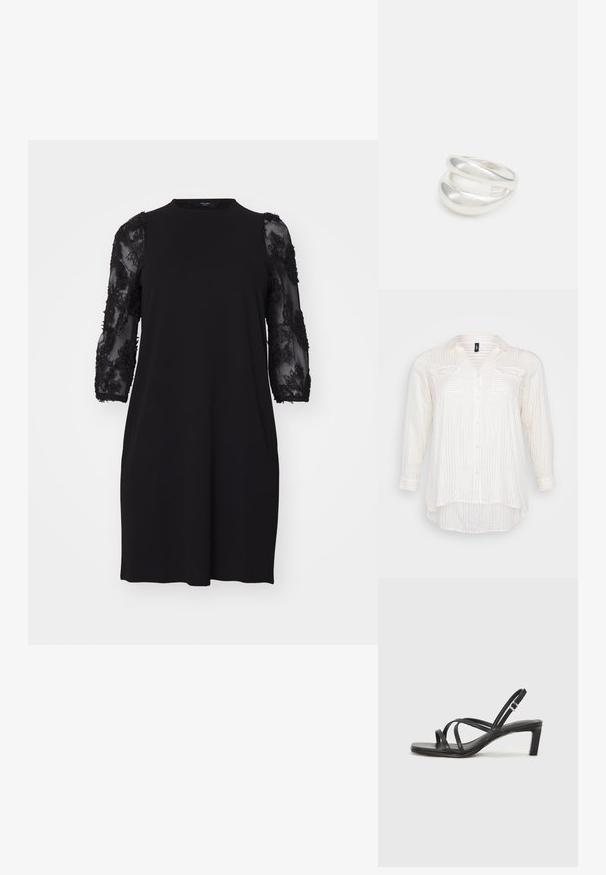 Biała koszula z długim rękawem, w złote prążki, z dekoltem w serek, dwiema kieszeniami na piersi oraz detalami przy mankietach. Miękka faktura materiału.; Czarna sukienka z okrągłym dekoltem, rękawami o długości trzy czwarte z przezroczystego materiału zdobionymi koronką w kwiaty oraz luźnym krojem.; Czarne sandały na obcasie z prostokątnym noskiem i niskim słupkowym obcasem. Posiadają wiele cienkich pasków i regulowany pasek na kostkę. Wykonane z gładkiej skóry.; Czarna skórzana torebka typu crossbody z gładką teksturą, prostokątnym kształtem oraz metalowym detalem w postaci łańcuszka z przodu. W zestawie regulowany pasek.; Srebrna obrączka podwójna z gładką, polerowaną powierzchnią. Posiada płynny, zakrzywiony kształt z nakładającymi się sekcjami, co nadaje nowoczesny wygląd.