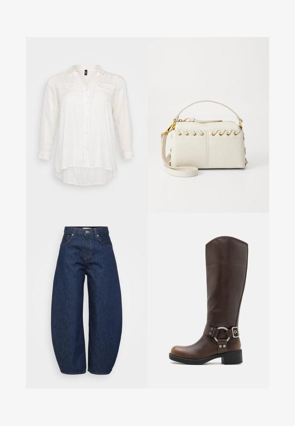 Witte overhemden met gouden streepjes, met een V-hals, twee borstzakken en lange mouwen met manchetdetails. Zachte stofstructuur.; Hoge taille donkerblauwe denim jeans met wijde benen, voorzijde met knoop en ritssluiting en klassiek vijf-pocket ontwerp.; Bruine leren kniehoge laars met een rond metalen hardwareaccent en gesp. Licht gestructureerd bovenwerk, gestapelde hak en rond neusontwerp.; Witte neplederen handtas met een bovenrits, een kort handvat en een afneembare schouderriem met gouden hardware. Zijde met vetersluiting.; Zilveren metalen oorbellen met een golvend, sculpturaal ontwerp, voorzien van een gepolijste afwerking en onregelmatige vormen, die een hedendaagse esthetiek benadrukken.