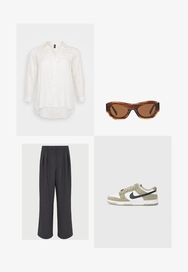 Weißes Hemd mit goldenen Streifen, V-Ausschnitt, zwei Brusttaschen und langen Ärmeln mit Manschettendetails. Weiche Stofftextur.; Weite Hose aus dunkelgrauem Stoff, mit vorderen Falten, glatter Textur und einem taillierten Bund mit Gürtelschlaufen.; Beige und weiße Wildledersneaker mit schwarzen Akzenten, perforierter Zehenbox, flachen Schnürsenkeln und einer Gummisohle mit strukturiertem Grip-Muster.; Sonnenbrille mit Schildpatt-rahmen, braunen Verlaufslinsen und einer eleganten Katzenaugenform. Hergestellt aus leichtem Kunststoff mit glänzender Oberfläche.; Schwarze Lederhandtasche mit glatter Oberfläche, ausgestattet mit einem einzelnen Schulterriemen, goldenen Akzenten und einem Reißverschluss. Logo auf der Vorderseite angezeigt.; Silberne Creolen mit einer glatten, polierten Oberfläche. Runder Form und sicherem Klickverschluss. Leichtes Design, geeignet für den täglichen Gebrauch.