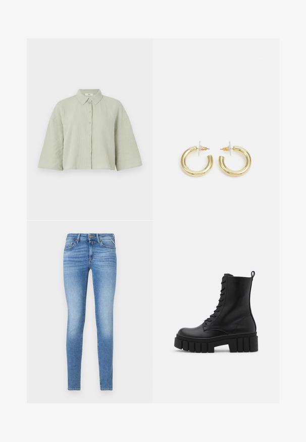 Light green, short-sleeved button-up shirt made of textured fabric, featuring a pointed collar and a loose fit with a straight hem.; Slim-fit light blue denim jeans with mid-rise waist, front button, and five-pocket design.; Black leather ankle boot with chunky, ridged sole, lace-up front, and pull tab on smooth white background.; Gold hoop earrings with a smooth, shiny finish. Circular design featuring a small post and clear backing for secure wear.