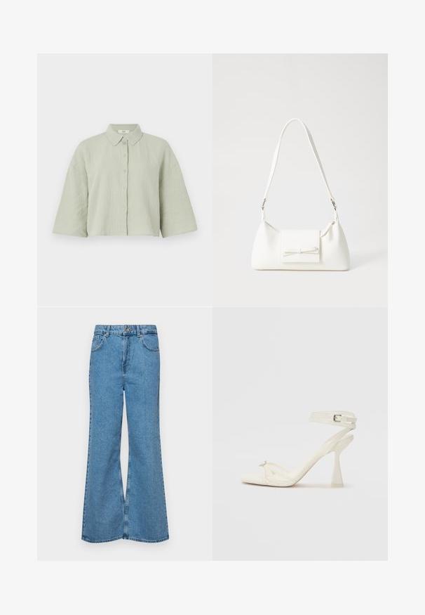 Camisa verde-clara de manga curta com botões, feita de um tecido texturizado, com colarinho pontiagudo e um corte solto com bainha reta.; Jeans de brim azuis claros, com corte à boca de sino, apresentando uma cintura alta, cinco bolsos e um fecho de botão único. Textura macia com acabamento desbotado.; Sandal de salto alto com tiras em couro branco, com um design elegante, um salto bloco transparente e um elemento decorativo na ponta.; Mala sintética branca com formato triangular, aba frontal plana e detalhe de laço, alça ajustável, textura suave e design minimalista.