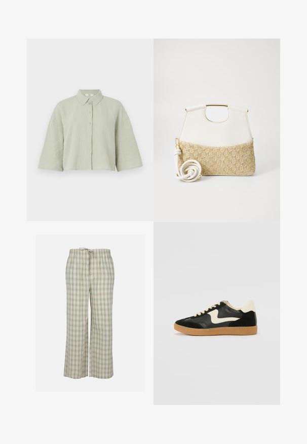 Šviesiai žalia, trumpomis rankovėmis marškiniai su sagomis, pagaminti iš tekstūruoto audinio, su smailiu apykakle ir laisvu siluetu su tiesiu sijonu.; Žali ir balti languoti pižamos kelnės, pagamintos iš minkštos medžiagos, turi elastingą juosmenį su raišteliu ir plačias, laisvas kojas.; Juodos zomšo ir odos sportinės bateliai su kreminiu šoniniu swoosh ir šviesiai kreminiu kulnu. Ypatybės - smėlio spalvos raišteliai ir guminis padas.; Balta odinė rankinė su tekstūruotu kreminiu pintu dugnu. Ypatumai: auksinės spalvos rankena ir suktas baltas dirželis, suteikiantis universalumo.