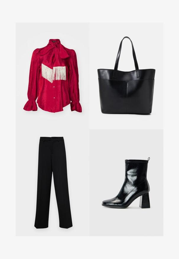 Red satin blouse with a high neck and large bow, featuring long puff sleeves and a white fringe detail across the chest. Button closure at front.; Black wide-leg trousers made of smooth fabric, featuring a classic waistband with a button closure and front pleats.; Black patent ankle boot with a square toe and chunky geometric heel. Features a smooth, shiny texture and a rear pull tab for easy wear.; Black leather tote bag with two long handles, a smooth texture, and a structured shape. Features a front pocket for additional storage.