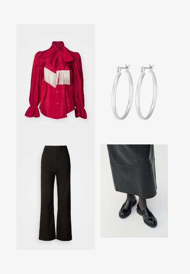 Sarkans satīna blūze ar augstu kaklu un lielu loku, ar garām pūkainām piedurknēm un balto frizūru detaļu krūšu daļā. Priekšējā daļā pogu aizdare.; Melni platlegu bikses ar gludu tekstūru, augsto vidukli un tīru dizainu. Nav redzamu kabatu vai rotājumu.; Melni ādas loafers ar gludu apdari, ar dekoratīvu jostu, apaļu pirkstu un teksturētu zoli. Valkāti ar garu melnu ādas svārku.; Sudraba riņķveida auss gredzeni ar gludu, pulētu apdari. Apaļa forma un drošs klikšķa augšējais slēgums. Viegls dizains, kas piemērots ikdienas valkāšanai.