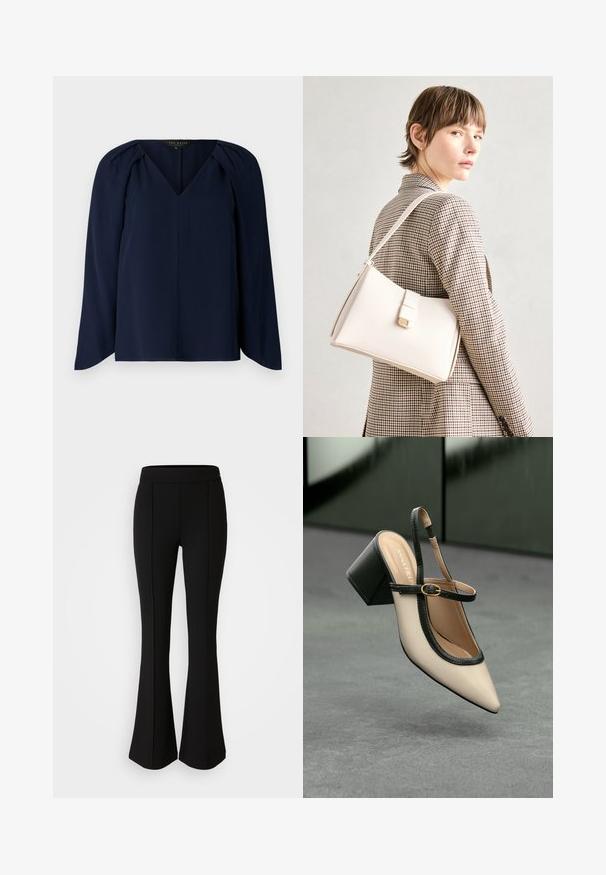 Blusa azzurra a maniche lunghe con scollatura a V, caratterizzata da delicate pieghe sulle spalle e una texture liscia e morbida. Design semplice ed elegante.; Pantaloni neri a zampa d'elefante realizzati in un materiale elastico con una texture liscia, caratterizzati da dettagli delle cuciture lungo la parte anteriore per un tocco di design in più.; Scarpa beige con punta a stivale, con rifiniture nere, fibbia dorata e tacco a blocco spesso su un pavimento grigio con sfondo verde scuro.; Borsa a mano in pelle bianca con un design strutturato, presente di un clasp magnetico e una tracolla, esposta su uno sfondo neutro.