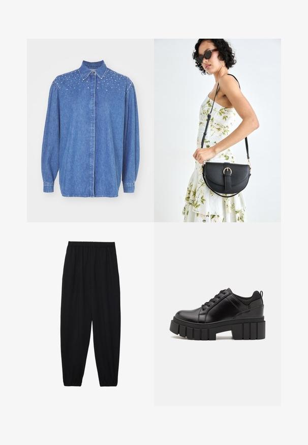 Denim shirt in blue, featuring a button-up front, collar, and puffed sleeves. Sturdy fabric with clear embellishments on shoulders.; Black, lightweight pants with an elastic waistband and gathered ankles. The fabric is smooth and features a relaxed, tapered design.; Black leather platform shoes with a chunky block heel, round toe, and traditional lace-up design. Features smooth texture and minimal detailing.; Black leather handbag with a curved shape, detachable strap, and gold hardware. The bag features a flap with a buckle detail.