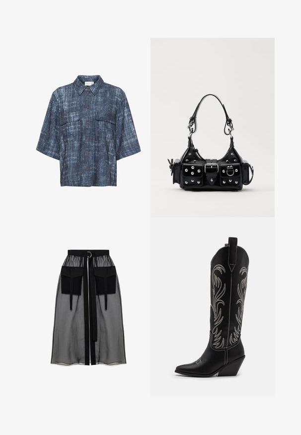 Gestuz DEMIA - Pogājama blūze - dark blue; Melnā caurspīdīgā svārka ar salikto jostasvietu, kas ietver divas lielas priekšējās kabatas, jostas saitīti un apaļu metāla akcentu.; Melnas ādas kovboju zābakus ar norādītām pirkstiem, sānām paceltu papēdi un sudraba izšūtām ziedu rakstiem gar zābaka kāju. Kontrasta dūrieni visā zābakā.; Melnas ādas rokturmais ar izliekumu, ar sudraba iedurtiem, sprādzi un divām sānu kabatām. Regulējams siksniņas garums dažādām nēsāšanas iespējām.