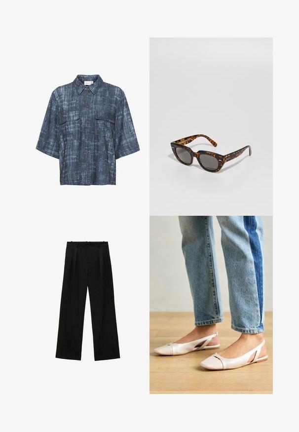 Gestuz DEMIA - Camicia - dark blue; Pantaloni neri a gamba larga con pieghe, caratterizzati da una texture liscia e un design a vita alta. Stile minimalista, senza hardware o decorazioni visibili.; Ballerine slingback rosa pallido con punta affusolata, realizzate in un materiale simile alla pelle liscio. Presentano dettagli a taglio sui lati e un tacco piatto.; Occhiali da sole in tartaruga con montatura angolare e lenti grigie. Presentano una finitura lucida e un marchio discreto sulle aste.; Borsa in pelle beige con una forma unica, caratterizzata da due manici corti e una lunga tracolla regolabile. Texture liscia con hardware minimale.