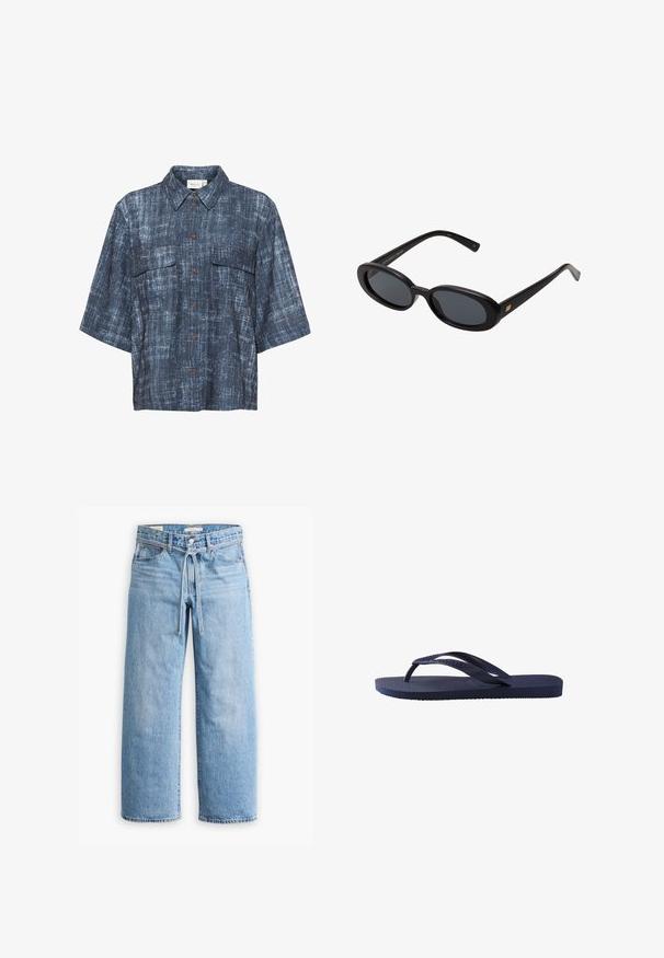 Gestuz DEMIA - Πουκαμίσα με κουμπιά - dark blue; Ανοιχτό μπλε τζιν παντελόνι σε φαρδιά γραμμή με ψηλή μέση, κλείσιμο με κουμπί και φερμουάρ, και λεπτομέρεια με κορδόνι στη μέση. Τελείωμα με ακατέργαστο στρίφωμα.; Ναυτικό μπλε παντόφλα με υφασμάτινες ραβδωτές λουρίδες και σόλα από υφασμένο καουτσούκ, με κυματοειδές σχέδιο στις λουρίδες και επίπεδη, ραβδωτή φόρμα στην επιφάνεια.; Μαύρα υπερμεγέθη γυαλιά ηλίου με ωοειδείς φακούς, λείο πλαστικό σκελετό και χρυσές λεπτομέρειες στους κροτάφους. Οι σκούροι φακοί προσφέρουν προστασία από τον ήλιο.