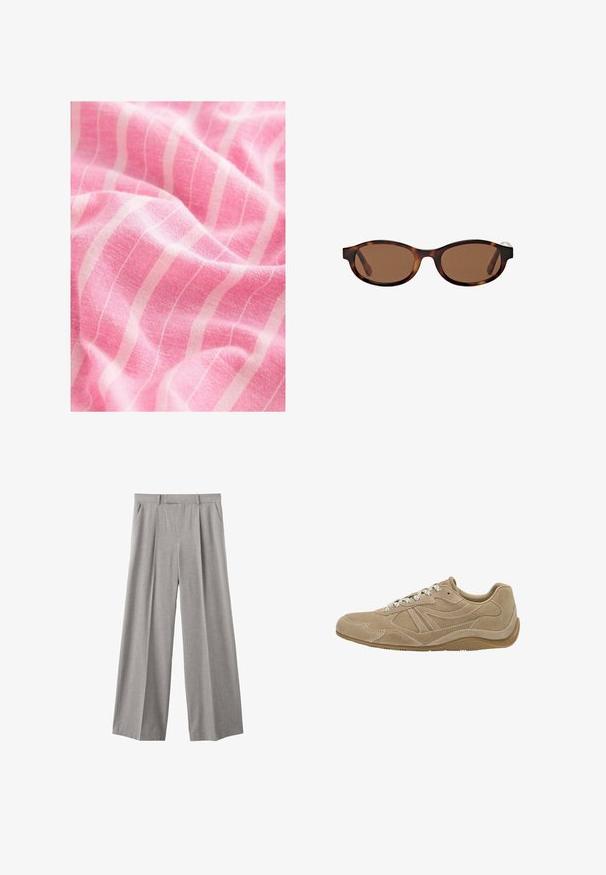 Rosa Stoff hat eine strukturierte Oberfläche mit auffälligen weißen, vertikalen Streifen. Das Material wirkt weich und leicht und zeigt sanfte Drapierungen.; Hellgraue, weit geschnittene Stoffhosen aus einem gewebten Material. Mit vorderen Falten, einem taillierten Bund und seitlichen Taschen.; Beige Wildledersneaker mit niedrigem Profil, strukturierten Oberflächen und weißen Schnürsenkeln. Verfügt über ein geschwungenes Design und eine Gummisohle für guten Halt.; Braun getönte Sonnenbrillen mit ovalen Rahmen, die ein Schildpattmuster aufweisen und breite Bügel haben. Glatte Textur und dezentes Branding-Detail an der Seite.; Braune geflochtene Leder-Totetasche mit zwei Griffen, einer strukturierten Form und einer strukturierten Oberfläche, die ein durchgängiges Rautenmuster aufweist.