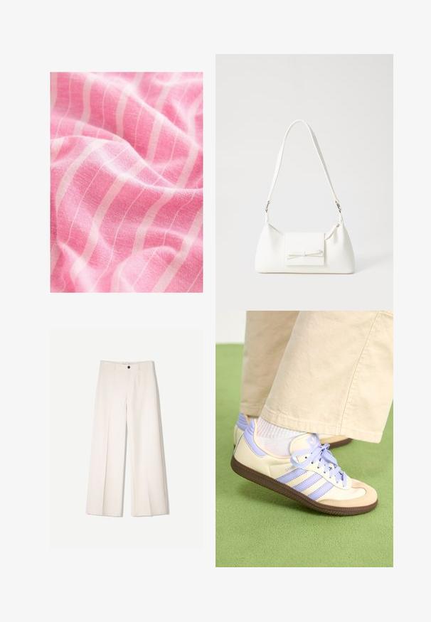 Un tissu rose présente une surface texturée avec d'importantes bandes blanches verticales. Le matériau semble doux et léger, montrant un drapage délicat.; Pantalons larges crème avec un design ajusté, comportant deux poches avant et une fermeture à un bouton sur le devant, fabriqués en tissu lisse.; Baskets crème et lavande avec trois bandes et une semelle marron texturée, dotées de lacets et d'un talon rembourré. Tige en tissu doux.; Sac à main synthétique blanc en forme triangulaire, avec un rabat avant plat et un détail en nœud, une bandoulière ajustable, une texture lisse et un design minimaliste.