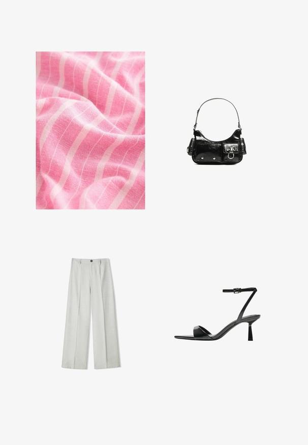 Pink fabric features a textured surface with prominent white, vertical stripes. The material appears soft and lightweight, showing gentle draping.; Light gray wide-leg trousers made of a textured fabric, featuring a button closure and two pleats at the front for added detail.; Bershka High heeled sandals - black; Black patent leather handbag with a curved shape, one shoulder strap, front pockets, and silver-tone hardware accents.