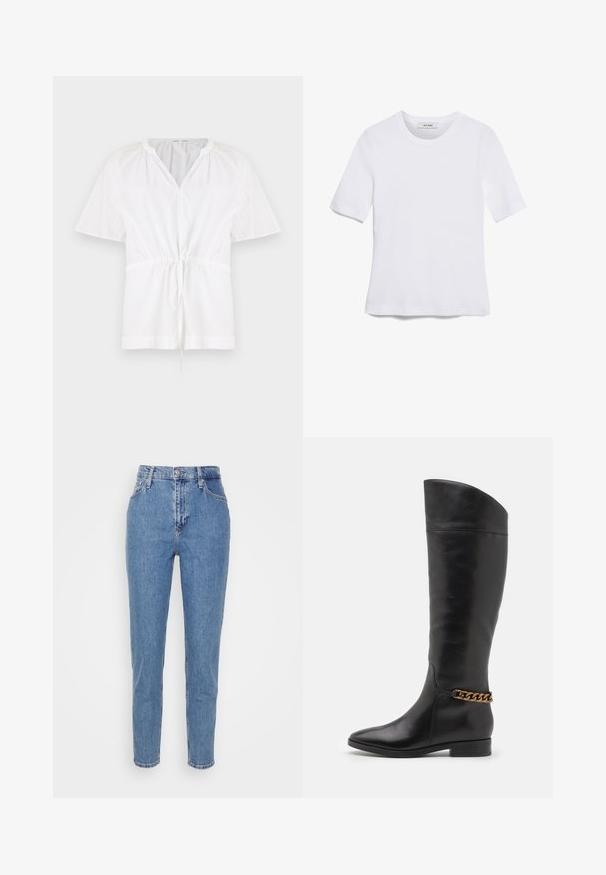 Hvid pullover top med V-hals og korte ærmer. Den har letvægts bomuldsstof, dragsnor i taljen og teksturerede detaljer på skuldrene.; Hvid kortærmet t-shirt lavet af ribbet stof. Rund halsudskæring, almindelig pasform og subtile syninger. Ingen mønstre eller grafik.; Blå højtaljede lige jeans med frontknap og lynlås, bæltestropper og lommer, præsenteret på en ensfarvet hvid baggrund.; Høje sorte læderstøvler med et slankt design, spids tå og en guld kædeaccent ved anklen. Lav blokhæl. Glat overflade.