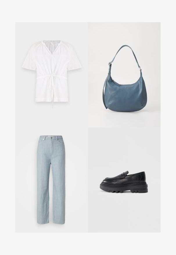 Maglia bianca a collo a V con maniche corte. Realizzata in cotone leggero, presenta una vita con cordoncino e dettagli testurizzati sulle spalle.; Jeans dritti blu chiaro in denim. Presentano cinque tasche, una chiusura con bottone in metallo e leggere sfumature per aggiungere texture.; Mocassino in pelle nera con suola spessa nera e dettaglio della cintura testurizzato. La finitura liscia e la forma rotonda esaltano il design contemporaneo.; Borsa in pelle blu dalla forma arrotondata, con una sola tracolla, chiusura con zip e nome del marchio in rilievo sulla parte anteriore. Texture liscia.