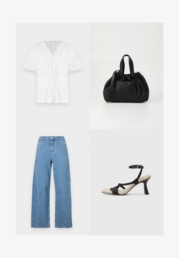 Hvid pullover top med V-hals og korte ærmer. Den har letvægts bomuldsstof, dragsnor i taljen og teksturerede detaljer på skuldrene.; Lyseblå brede jeans i denim, med højt liv, lige snit og kontrasterende syninger langs sømmene.; Sorte hælede sandal med flettet remdesign, firkantet tå og justerbar ankelrem. Lys beige fodseng med en blank sort hæl.; Sort læderhåndtaske med en samlet topdesign, der har to korte håndtag og en lang justerbar rem. Glat overflade, rund form.