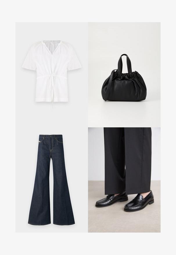 Biely pulover s výstrihom do V a krátkymi rukávmi. Obsahuje ľahkú bavlnenú látku, pás na šnúrku a štruktúrované akcenty na pleciach.; Tmavomodré zvonové džínsy vyrobené z denimu, s vysokým pásom, zlatými stehmi a dvoma bočnými vreckami so zapínaním na gombík.; Čierne kožené loafery s hladkým povrchom, prešité detaily okolo špičky a nízkou gumovou podrážkou. V kombinácii s voľnými čiernymi nohavicami.; Čierna kožená kabelka so zberaným vrchom, s dvoma krátkymi držadlami a dlhým nastaviteľným popruhom. Hladká textura, zaoblený tvar.