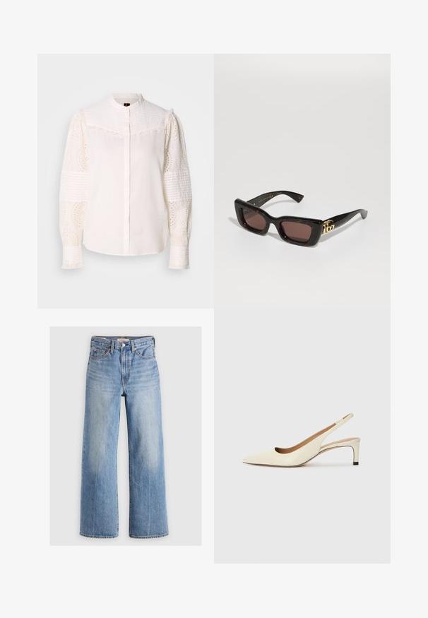 Weißes Hemd mit hohem Kragen, strukturiertem Oberteil und bestickten Augenbinde-Spitzenärmel mit aufwendigen Mustern und Rüschendetails.; Helleblaue Jeans mit weitem Bein und hoher Taille, mit ausgewaschenen Stellen, fünf Taschen und Kontrastnähten. Klassische Knopf- und Reißverschlussöffnung.; Spitz zulaufender Slingback-Schuh aus cremefarbenem Leder, ausgestattet mit einem niedrigen Absatz und einem ausgeschnittenen Design mit glatter Textur und minimalen Akzenten.; Schwarz schildpattfarbene Sonnenbrille mit rechteckigen Gläsern, braunem Farbton, dickem Rahmen und goldenen Doppel-G-Logo-Details an den Schläfen.; Silberne Metall-Hoops mit einer glatten, glänzenden Oberfläche und einem strukturierten, runden Design. Verfügt über einen Scharnierverschluss für einen sicheren Sitz.