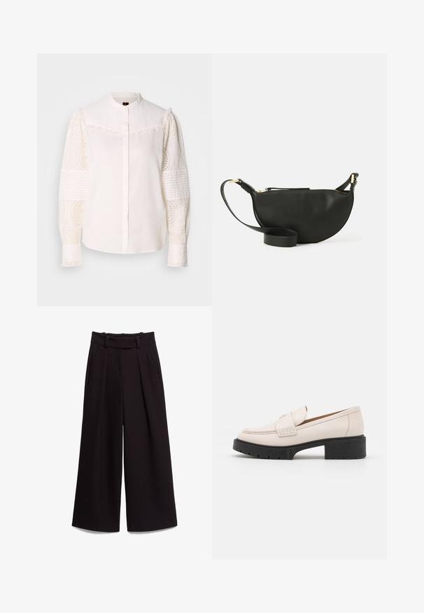 Cămașă albă cu guler înalt, partea superioară texturată și mâneci din dantelă brodată cu motive complicate și accente volă od.; Pantaloni negri cu pantaloni largi dintr-un material neted, având talie înaltă, bucle pentru curea și două buzunare frontale. Designul pliat adaugă textură.; Loaferi din piele bej deschis, cu vârf cusut și cu o talpă platformă texturată de culoare neagră. Caracterizată printr-un design curbat și o ușoară ridicare.; Geantă crossbody din piele neagră, cu formă de jumătate de lună, suprafață texturată, fermoar auriu și curea plată. Design compact, potrivit pentru obiectele esențiale.