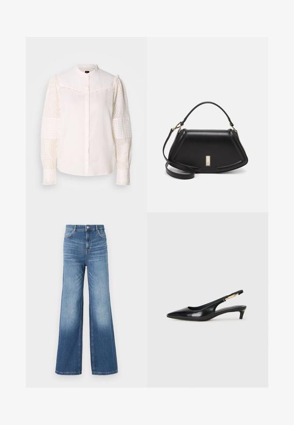 Camisa blanca con un cuello alto, parte superior texturizada y mangas de encaje bordado con ojales, que presentan patrones intrincados y acentos rizados.; Jeans de mezclilla anchos en un azul claro, con una cintura alta, que cuentan con cinco bolsillos, trabillas para el cinturón y un sutil efecto de desgastado hacia el dobladillo.; Tacones negros de piel sintética tipo slingback con punta afilada, que cuentan con un tacón delgado y un detalle en tono dorado en la correa ajustable. Textura suave.; Bolso de mano de cuero negro con un diseño estructurado, que presenta una forma recortada, asa superior y acentos en dorado. Correa de hombro ajustable incluida.