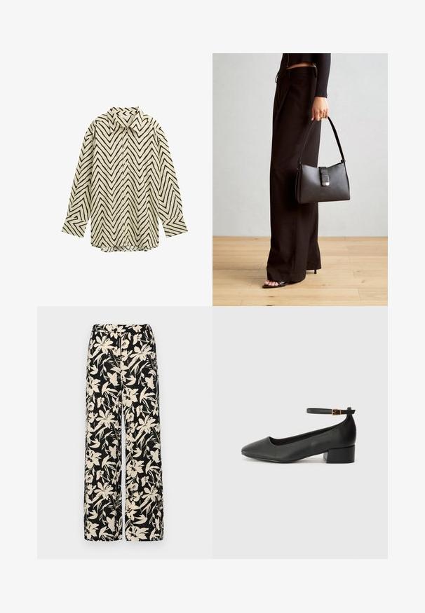 Camicia a maniche lunghe color crema con motivo a zigzag nero, dotata di colletto classico, chiusura con bottoni e vestibilità rilassata. Tessuto morbido al tatto.; Top corto nero a maniche corte realizzato in materiale liscio, con design peplum e vita cintata adornata da due bottoni tondi in tono argento.; Pantaloni larghi neri con un motivo floreale crema. Realizzati in tessuto leggero, con una texture liscia e una vita alta.; Pump in pelle nera con punta affusolata e tacco basso a blocco. Presenta una cinghia alla caviglia con una fibbia in tonalità oro. Texture liscia.; Borsa nera con forma strutturata, texture liscia e una chiusura metallica. Abbinata a pantaloni neri larghi e sandali open-toe su un pavimento in legno.