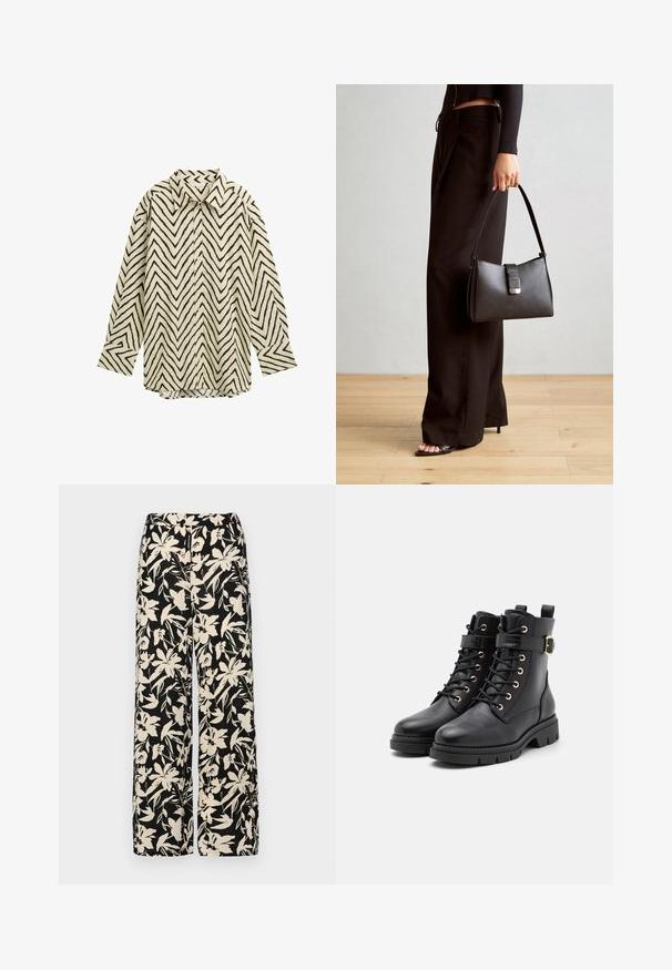 Chemise à manches longues en crème avec un motif en zigzag noir, dotée d'un col classique, d'une fermeture à boutons et d'une coupe décontractée. Tissu doux et texturé.; Pantalon large noir avec un motif floral crème. Fabriqué en tissu léger, il présente une texture lisse et une taille haute.; Bottes noires en cuir avec un bout rond, des lacets, œillets en or, un accent de boucle et une semelle épaisse et texturée.; Sac à main noir à la forme structurée, texture lisse et fermoir métallique. Associé à un pantalon noir ample et des sandales ouvertes sur un sol en bois.
