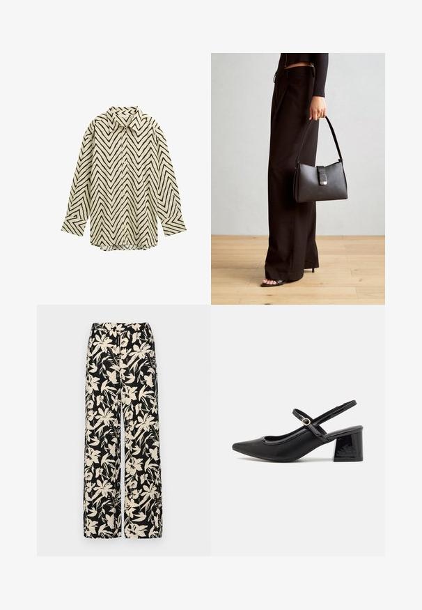 Långärmad skjorta i krämfärg med svart zick-zack mönster, med klassisk krage, knappstängning och avslappnad passform. Mjukt texturerad tyg.; Svarta vida byxor med ett krämfärgat blommönster. Tillverkade av lättviktig tyg med en slät yta och hög midja.; Svarta lackläder slingback-klackar med spetsig tå, en rundad utskärning och en blockklack. Utsmyckad med en spänne i guldton.; Svart handväska med strukturerad form, slät yta och metallspänne. Matchad med vida svarta byxor och sandaler med öppen tå på trägolv.