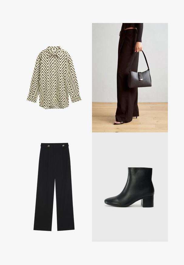 Hosszú ujjú ing krém színben, fekete zig-zag mintával, klasszikus gallérral, gombos záródással és laza szabással. Puha, textúrált anyag.; Fekete, bő szárú nadrág magas derékkal, gombos részletekkel a derékrészen és elülső pliszékkal.; Fekete bőr bokacsizma hegyes orral és vastag sarokkal. Sima felület minimális díszítéssel és karcsú, passzos kialakítással.; Fekete kézi táska strukturált formával, sima textúrával és fémből készült záródással. Széles fekete nadrággal és nyitott orrú szandállal párosítva, fából készült padlón.