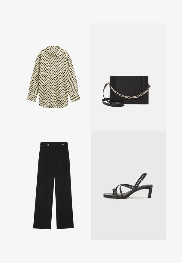 Pitkähihaisen paita vaaleankreemissä, jossa on musta siksak-kuvio, klassinen kaulus, napitettava etuosa ja rento malli. Pehmeä teksturoitu kangas.; Mustat leveälahkeiset housut, joissa on korkea vyötärö, napit vyötärönauhassa ja etupuolella laskokset.; Mustat hihnalligat, joissa on neliön muotoinen kärki ja matala lohkokorko. Ominaisuuksiin kuuluu useita ohuita hihnoja ja säädettävä nilkkahihna. Valmistettu sileästä nahasta.; Musta nahkainen olkalaukku, jossa on sileä pinta, suorakulmainen muoto ja metalliketju yksityiskohtana edessä. Mukana säädettävä hihna.