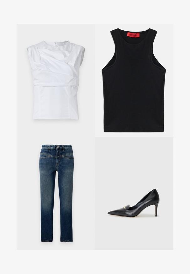Bela brezrokavna majica s strukturnim dizajnom, ki vključuje drapirane tkanine in skrit zadrgo na hrbtni strani. Gladka tekstura.; Črna brezrokavna majica, natančno izdelana iz mehke bombažne tkanine. Ima okroglo ovratnik in standardni rob. Preprost dizajn, brez vidnih vzorcev ali dodatkov.; Temno modri kavbojki z ravnim krojem, s svetlo zbledelostjo, oranžnim šivom in gumbom za zapiranje v pasu.; Črne usnjene pumpe s špicastim nosom, nizkim vampom in dekorativnim zlatim akcentom. Imajo stiletto peto in gladko teksturo.