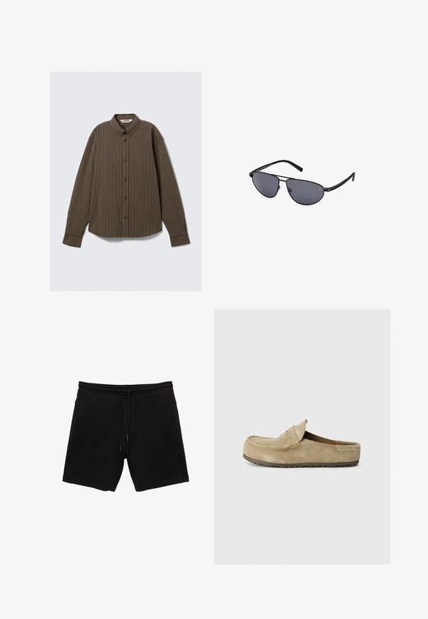 Braun gestreiftes Langarmhemd mit Button-Down-Kragen und geradem Schnitt. Hat dezente abwechselnde helle und dunkle Streifen über den Stoff.; Schwarze Sweatshorts aus Baumwollmix. Mit einem elastischen Bund mit Kordelzug, seitlichen Taschen und einem entspannten Schnitt.; Birkenstock NAPLES WRAPPED LEVE TAUPEN - REGULAR - Pantolette flach - taupe; Schwarze Aviator-Sonnenbrillen mit grauen Gläsern, dünnen Metallrahmen, geschwungener Form und Silikon-Nasenpolstern für zusätzlichen Komfort.