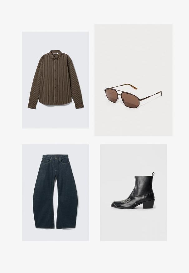 Pruunide triipudega pikkade varrukatega särk, millel on nööpidega kaelus ja sirge lõige. Riidel on peened vahelduvad heledad ja tumedad triibud.; Tumesinised laia säärega teksad, tehtud denimist, viie tasku, nähtavate õmbluste, nööpkinnituse ja puhta viimistlusega.; Mustad mustad mustad mustad, dekoratiivsete õmbluste ja madala plokkninaga. Esitleb tõmbluku jaoks, et seda oleks lihtne panna.; Pruunid oktaalsed prillid, õhukese musta metallraami ja pruuni templetega. Tumedad läätsed pakuvad UV-kaitset.; Pruun krokodillimustriga nahk käekott, millel on ülemised käepidemed ja eemaldatav õlavarrepant. Omab klambri sulgemist ja ristkülikukujulist vormi.